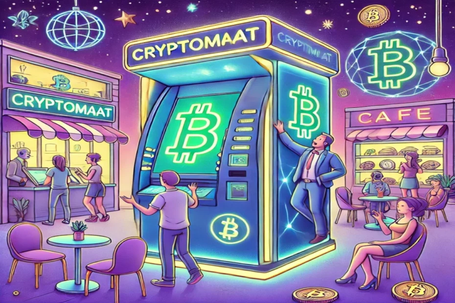 Dall·e 2025 01 30 16.03.08 Een Ludieke Illustratie Van Een Cryptomaat (cryptocurrency Atm) In Een Creatieve En Humoristische Setting. Het Apparaat Heeft Een Futuristisch En Kleu